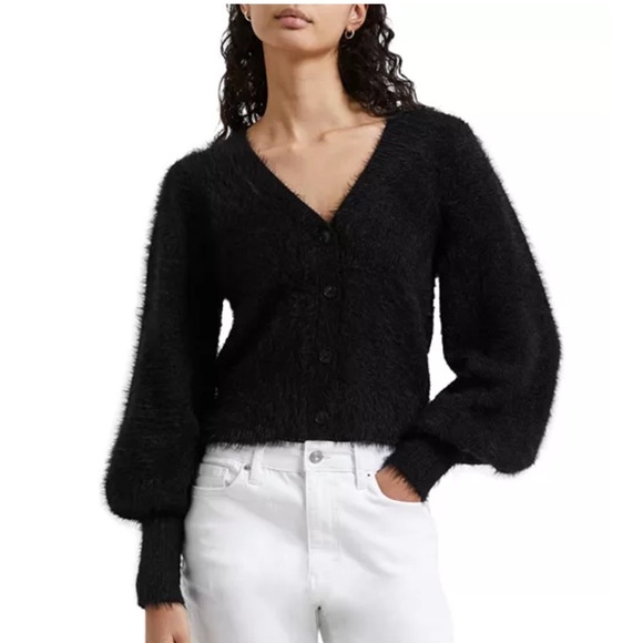 French Connection Black Furry Meena Fluffy V Neck Cardigan sz XL - Picture 1 of 7